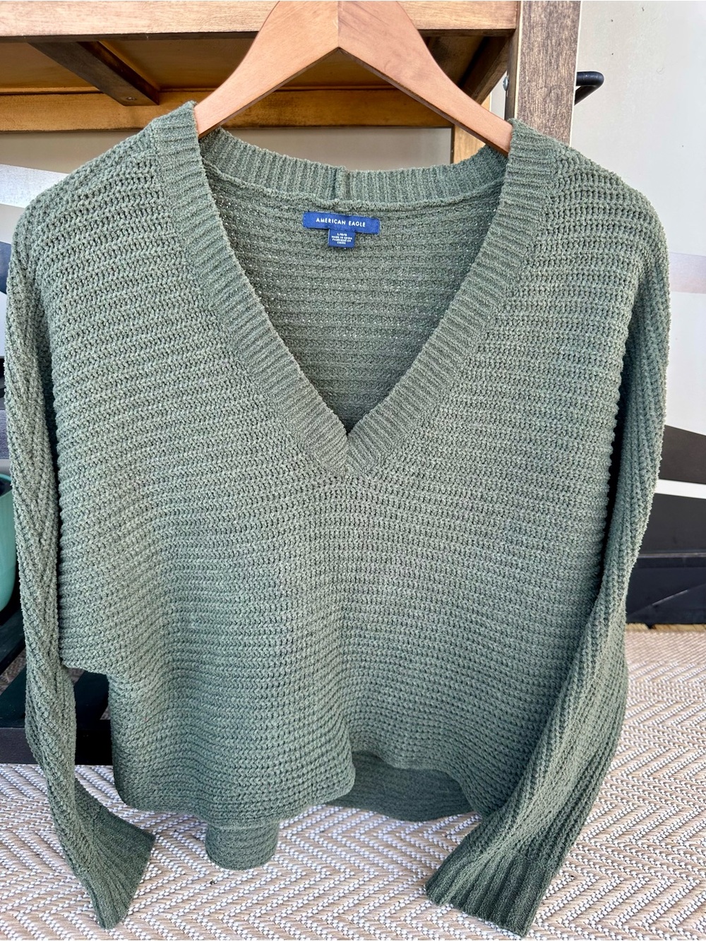 American Eagle Outfitters Green V-Neck Waffle Knit Sweater